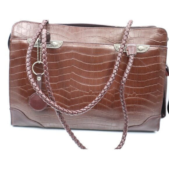 Bueno Brown Faux Crocodile Tote Bag With Braided Handles Printed Interior - Picture 1 of 13